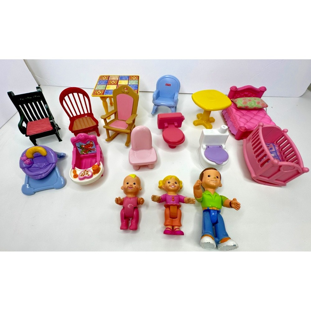 Fisher Price Loving Family Dad Baby Girl Toilet Bed Crib Chairs Table 16 Pc Lot